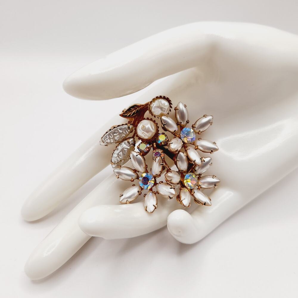 Vintage 1950 Pearl Rhinestone Floral Brooch, Aurora Borealis Crystals, Gold Tone